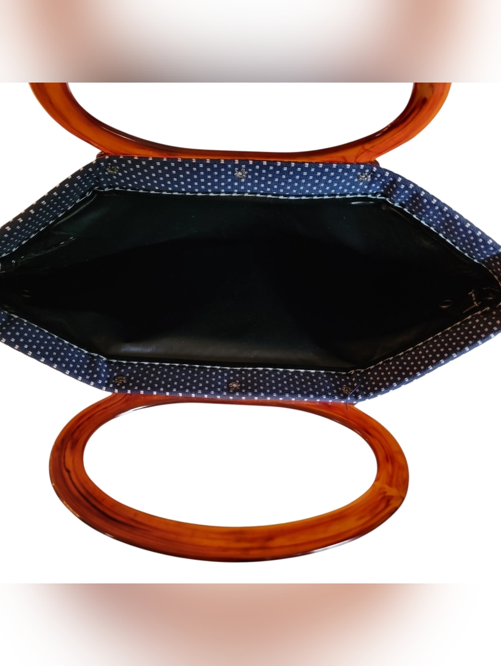 NOS Vintage 1970s Lady’s Pride Navy Polka Dot Foldable Tote Bag Lucite Handles - Picture 3 of 5